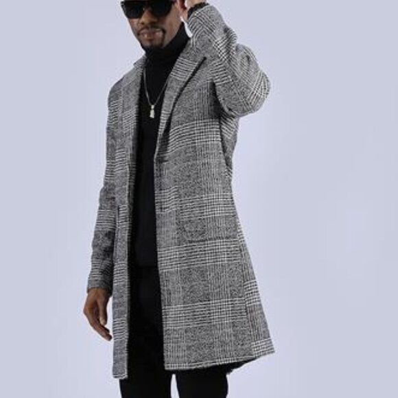 Mens Winter Trench Coat Notched Collar Single Breasted Plaid Mid Long Dark Grey - Picture 10 of 10